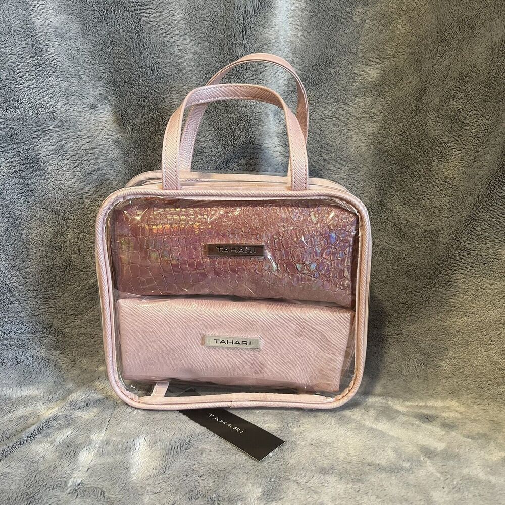 Tahari Set of 3 Makeup Travel Bag Set Water Resistant Makeup Jewelry Pink Snake
